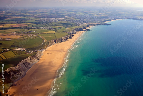 Watergate Bay, surfers' beach, and Newquay, aerial view, Cornwall, UK.