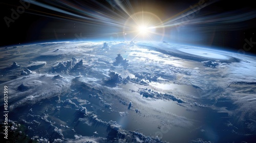 Fototapeta Naklejka Na Ścianę i Meble -  Stunning view of Earth from space, capturing the serene beauty of our planet's atmosphere and the sunrise over the horizon.