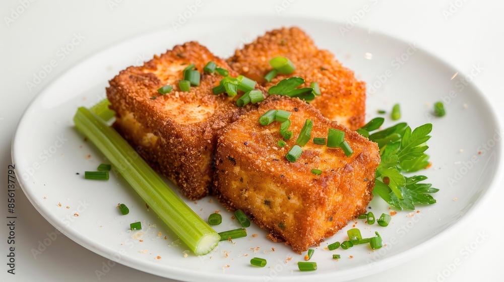 Crispy and soft tofu katsu with celery leaves on a white plate against a white backdrop Crispy and soft tofu katsu with celery leaves on a white plate against a white backdrop