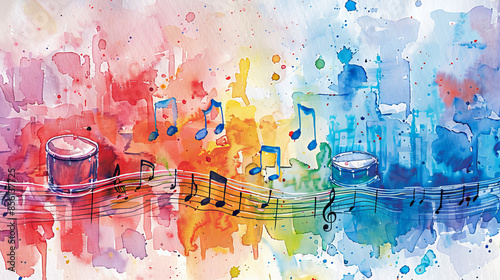 Colorful watercolor background with musical notes.