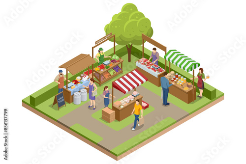 Isometric Farmers selling a Selection of Ecological Fruits and Vegetables at a Farmers Market. Vegetables fair food. Sellers and marketing