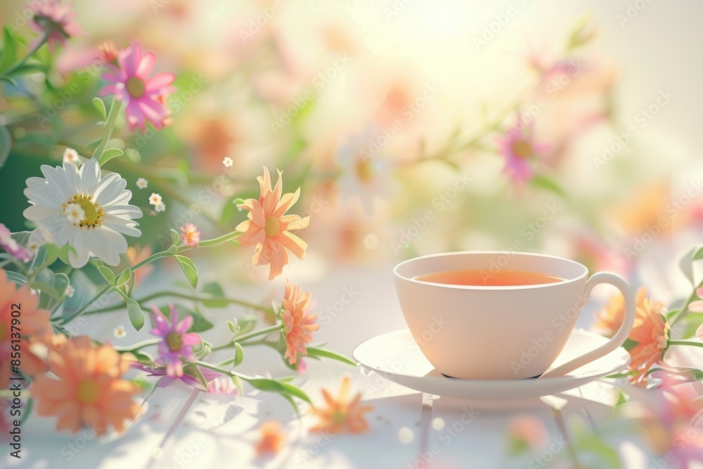 A relaxing illustration of a cultural container named a teacup in white that has some warm tea inside, warm morning light around, and some beautiful flowers around. A relaxing illustration of a cultural container named a teacup in white that has some warm tea inside, warm morning light around, and some beautiful flowers around.