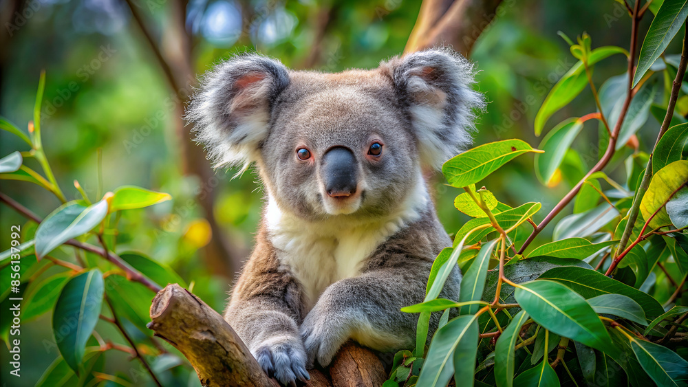 Fototapeta premium Australian koala sits on a tree among branches and green leaves
