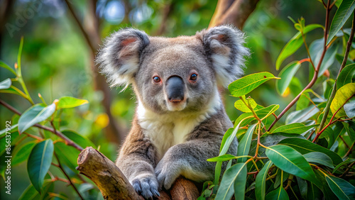 Australian koala sits on a tree among branches and green leaves photo