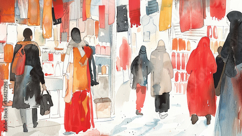 Watercolor painting depicting a bustling marketplace with people browsing through colorful fabrics and goods