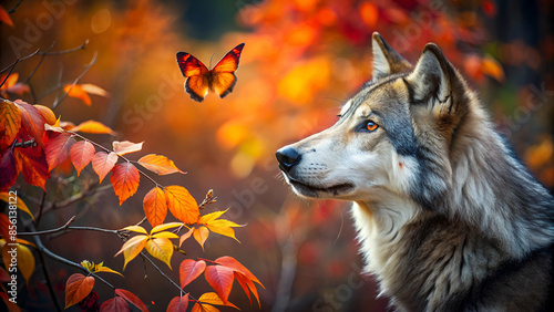 The wolf looks at the butterfly. Beautiful autumn scene with wild animal