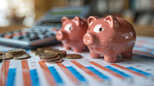 Two piggy banks on a financial report with coins and a calculator in the background.