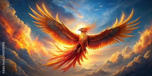Majestic phoenix bird with flaming wings flying in the sky, mythical, fiery, legendary, fantasy, mystical, creature, bird photo