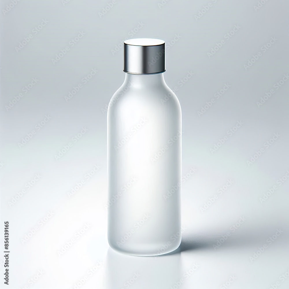 3D White frosted glass bottle with long silver chrome cap front on, white background 3D White frosted glass bottle with long silver chrome cap front on, white background