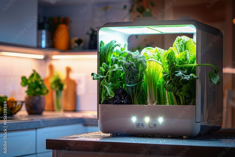 A sleek indoor hydroponic system with healthy vegetables growing vertically under LED lights. A sleek indoor hydroponic system with healthy vegetables growing vertically under LED lights.