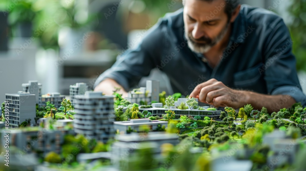 Architect is designing a sustainable city model with green buildings and parks, promoting eco friendly urban development Architect is designing a sustainable city model with green buildings and parks, promoting eco friendly urban development