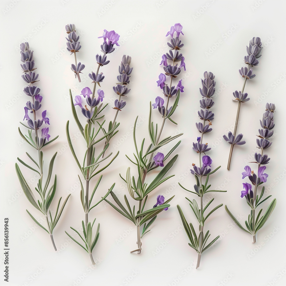 Fototapeta premium Fondo con detalle y textura de varias ramas de lavanda con hojas de color verde, sobre fondo neutro