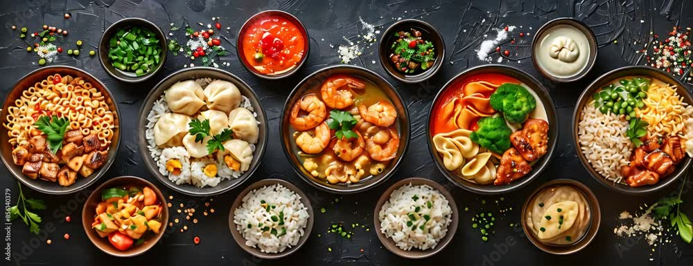 A variety of delicious Asian cuisine food bowls are shown. The bowls include noodles, dumplings, rice, and various other ingredients. The food is presented in a visually appealing manner.