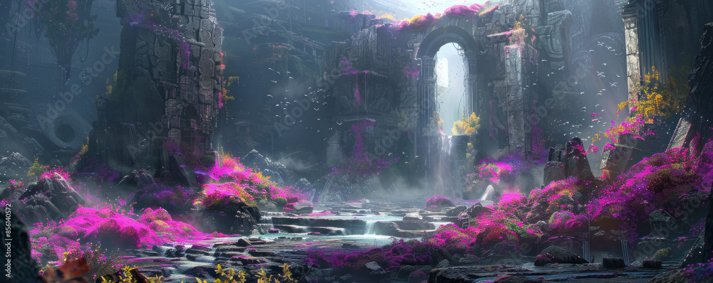 Naklejka premium A fantastical garden blooms amidst the ruins of a forgotten city, its vibrant colors a stark contrast to the crumbling stone that surrounds it.