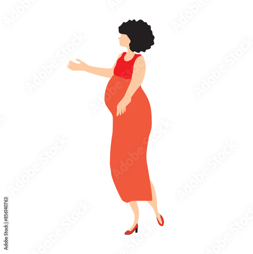 Ilustración de una mujer embarazada con un vestido anaranjado y rojo con el brazo extendido. Vector