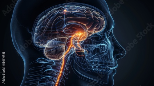 Illustration showcasing the connection between the hypothalamus, pituitary gland, and spinal cord in the human brain photo