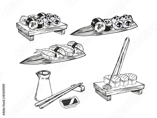 set vector illustration of Japanese food theme with rolls, sushi, sashimi, soy sauce, chopsticks, hand drawn inked monochrome sketch of seafood, frame isolated on white background