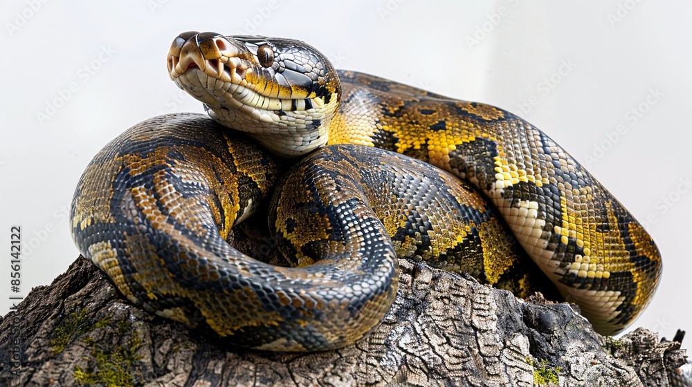 Obraz premium A massive anaconda, with its powerful body and distinctive scales, coils around a tree trunk against a white background, its eyes gleaming with predatory intent. The image captures the animal's