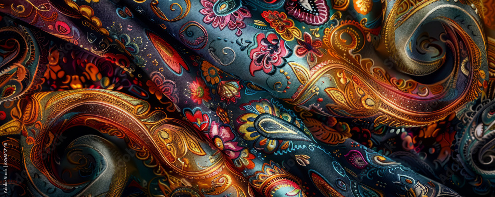 A intricate paisley pattern adorning a scarf, its swirling lines and vibrant colors mesmerizing the eye.
