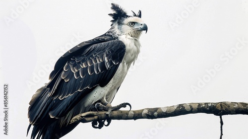 A harpy eagle, with its powerful talons and sharp beak, perches on a branch against a white background, its eyes fixed on a potential prey. The image showcases the bird's strength and hunting photo