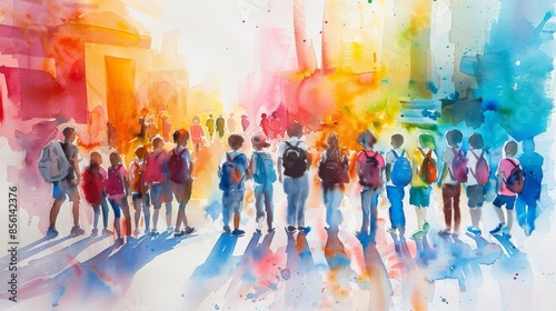 The watercolor painting shows a crowd of people walking on a city street. The people are all wearing different colored clothing.