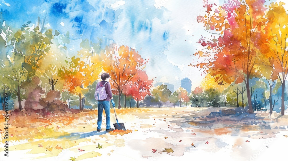 The watercolor painting shows a man raking leaves in a park The watercolor painting shows a man raking leaves in a park
