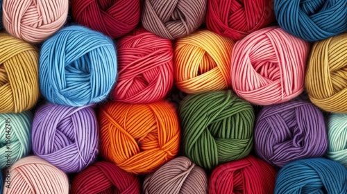 Seamless close-up of colorful yarn balls in various hues, ideal for knitting or crafting projects. The vibrant colors highlight creativity and DIY potential.