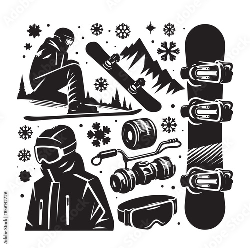 Snowboarding elements silhouette, Snowboarding elements, Snowboard silhouette, Snowboarding equipment vector set, Snowboarding vector set.