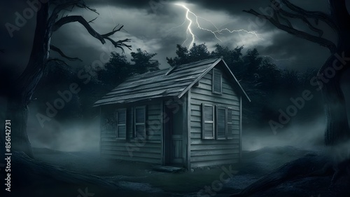 Spooky Cabin in the Woods at Night Stormy Horror Scene