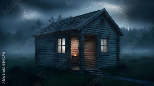 Spooky Cabin in the Woods at Night Stormy Horror Scene