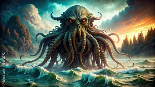 Mysterious monster Cthulhu in the sea with huge tentacles sticking out , cthulhu, monster, mysterious, sea, tentacles, water