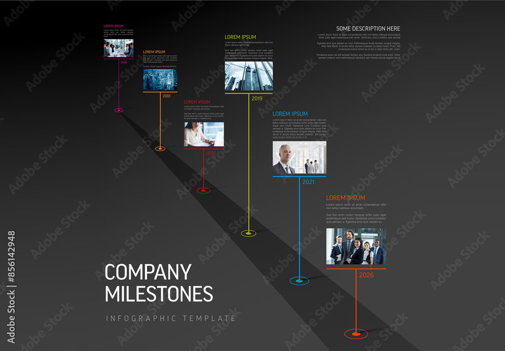 Modern road timeline template with some content blocks with sample photo placeholders, dark version
