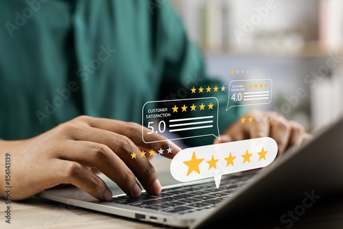Online customer satisfaction Survey service concept, client rate service from experience in application,Consumer give five-Stars and feedback review for quality, Business reputation ranking from buyer photo
