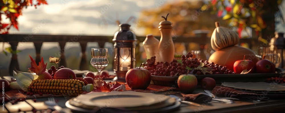 Cozy autumn outdoor dining setup with fall foliage, pumpkins, and seasonal fruits on a rustic wooden table, ideal for a Thanksgiving celebration. Cozy autumn outdoor dining setup with fall foliage, pumpkins, and seasonal fruits on a rustic wooden table, ideal for a Thanksgiving celebration.