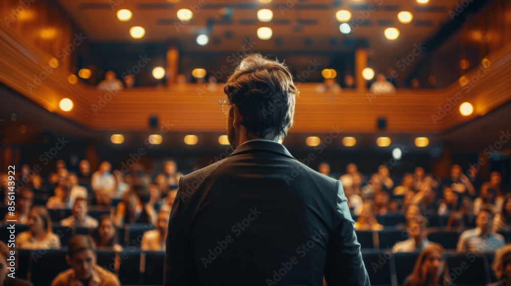 Businessman delivers a lecture to a large audience from the stage Businessman delivers a lecture to a large audience from the stage