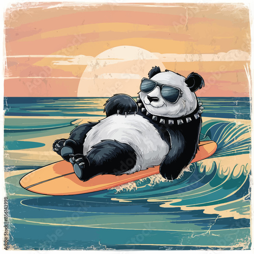 a cool panda wearing sunglasses on surfboard