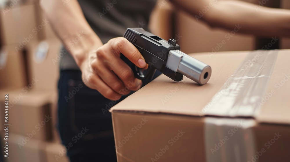 Securely Packing for the Move - Close-up of Hand Holding Packing Gun Sealing Boxes Securely Packing for the Move - Close-up of Hand Holding Packing Gun Sealing Boxes