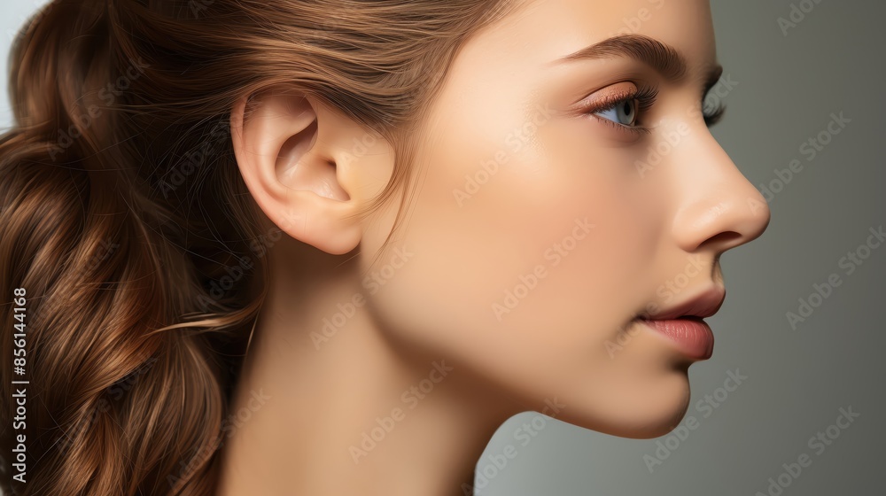 A woman with long brown hair and natural makeup is shown in profile. Her skin is smooth and radiant. Her lips are slightly parted, as if she is about to speak.