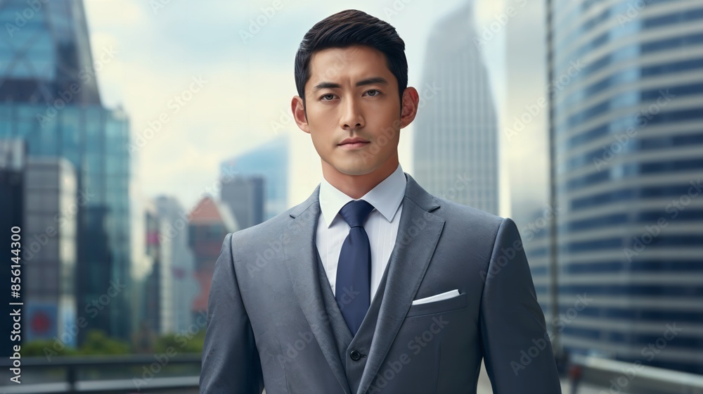 A businessman in a grey suit and tie stands confidently in an urban setting with modern skyscrapers in the background. A businessman in a grey suit and tie stands confidently in an urban setting with modern skyscrapers in the background.