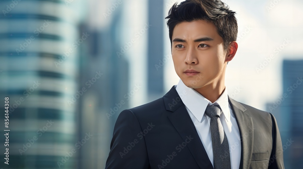 A man in a suit and tie stands confidently against a backdrop of modern skyscrapers in an urban setting. A man in a suit and tie stands confidently against a backdrop of modern skyscrapers in an urban setting.