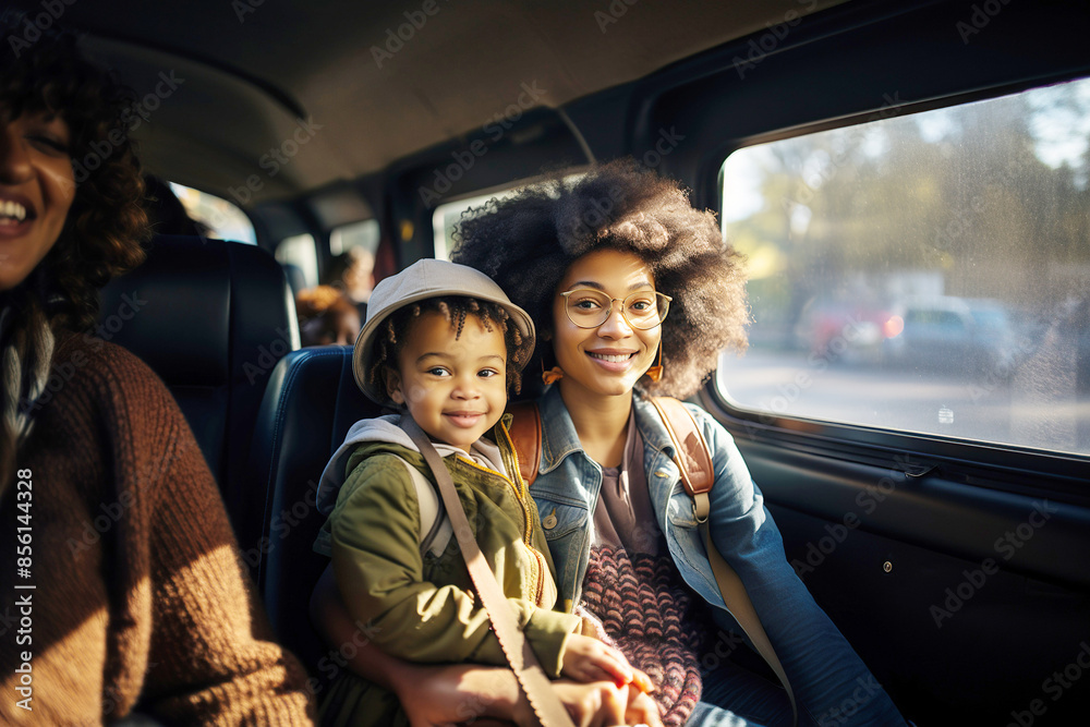 Smiling POC mother and her child on bus with passengers Smiling POC mother and her child on bus with passengers