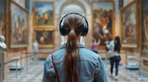 Young woman is enjoying a guided tour in a museum, listening to explanations using headphones