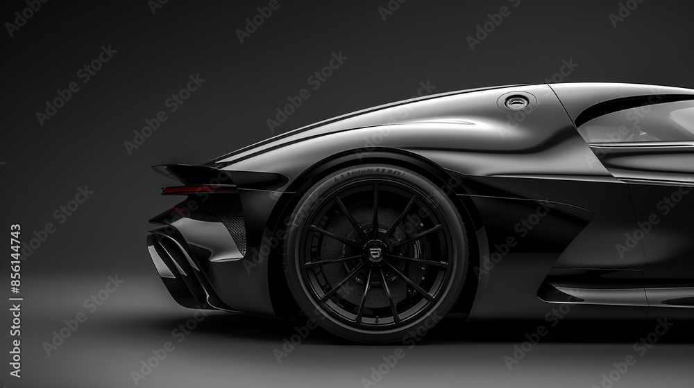 A sleek, black sports car with a prominent wheel. The wheel has a multi-spoke design and appears to be made of a lightweight material. The car's side profile reveals a smooth, aerodynamic body A sleek, black sports car with a prominent wheel. The wheel has a multi-spoke design and appears to be made of a lightweight material. The car's side profile reveals a smooth, aerodynamic body