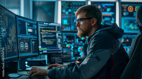 Focused programmer working on multiple monitors in a dimly lit room, highlighting the intense atmosphere of coding and development.