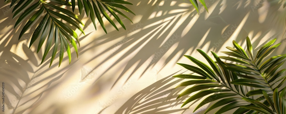 Palm leaves casting shadows on cream wall, natural light effect. Tropical plant decor concept Palm leaves casting shadows on cream wall, natural light effect. Tropical plant decor concept