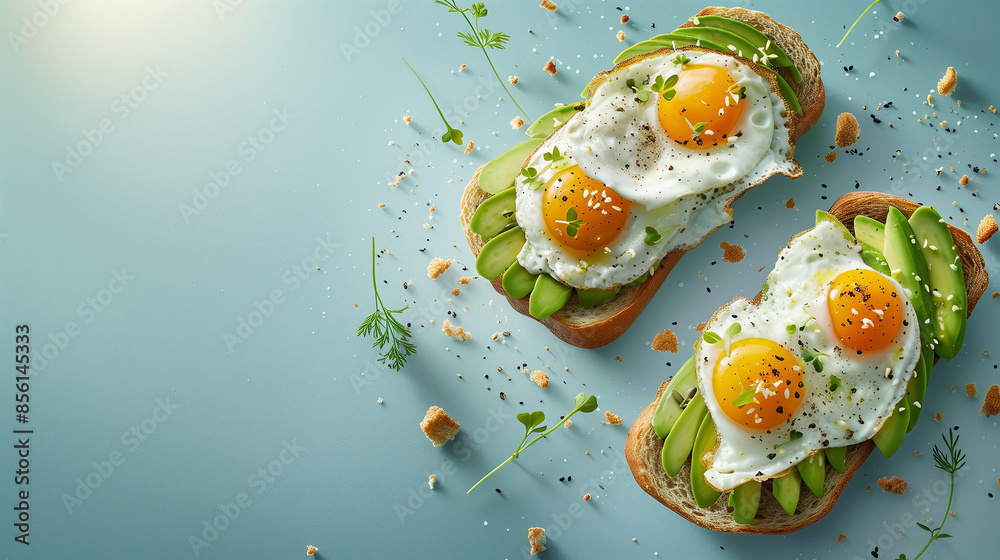 Delicious avocado toasts topped with fried eggs, flying mid-air against a pastel blue background, with almonds and herbs scattered around. Delicious avocado toasts topped with fried eggs, flying mid-air against a pastel blue background, with almonds and herbs scattered around.