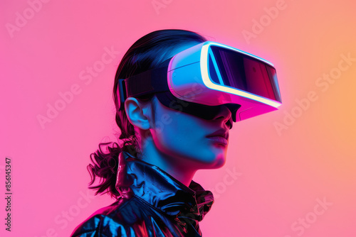 A person wearing stylish virtual reality goggles with a sleek design, bathed in a striking neon pink and orange light. © Victor Bertrand