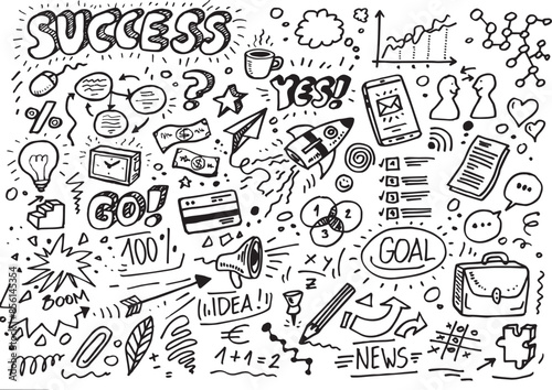 Hand drawn success doodles, vector elements on white background