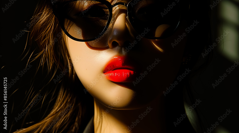 Portrait of a gorgeous South Korean woman with red lipstick and glossy skin and pitch black sunglasses, her silhouette outlined by the brilliant sun behind her. Portrait of a gorgeous South Korean woman with red lipstick and glossy skin and pitch black sunglasses, her silhouette outlined by the brilliant sun behind her.