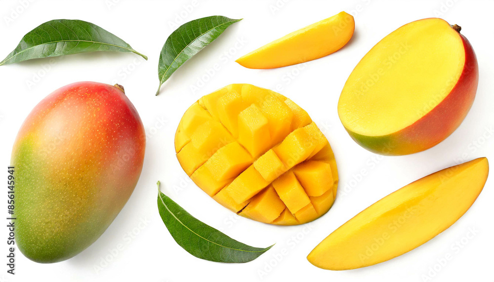 Fototapeta premium Mango Stücke teile set isoliert auf weißen Hintergrund, Freisteller, Draufsicht 